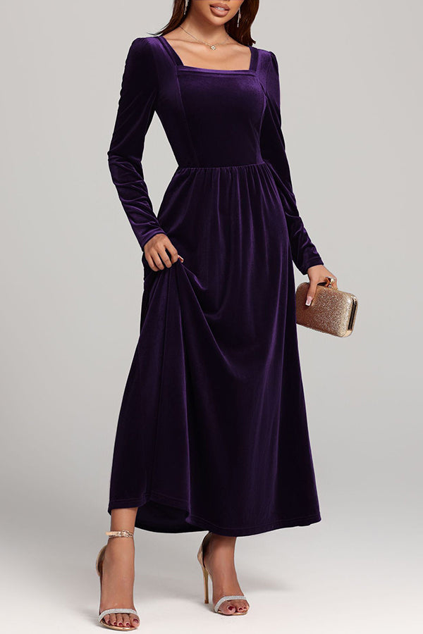 Solid Color Velvet Square Neck Long Sleeve Elegant Maxi Dress-consonak