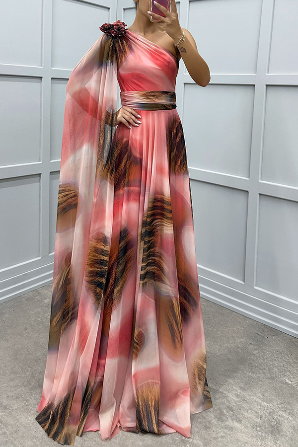 Lucia Unique Print Floral Detail One Shoulder Draped Sleeve Gown Maxi Dress | Consonak