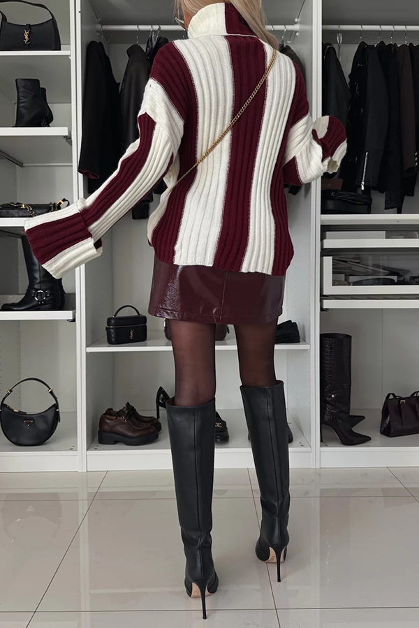 Comfort and Warmth Knit Color Block Long Sleeve Turtleneck Sweater-consonak