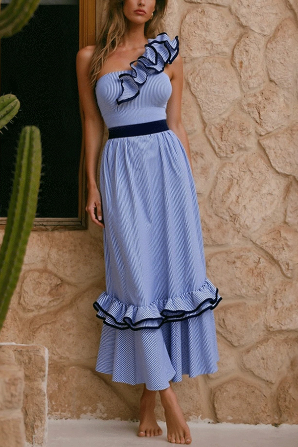 Striped Print Elegant Ruffle Trim Vacation Maxi Skirt-consonak