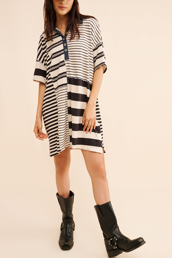 Contrast Striped Patchwork Denim Lapel Loose Casual Mini Dress-consonak