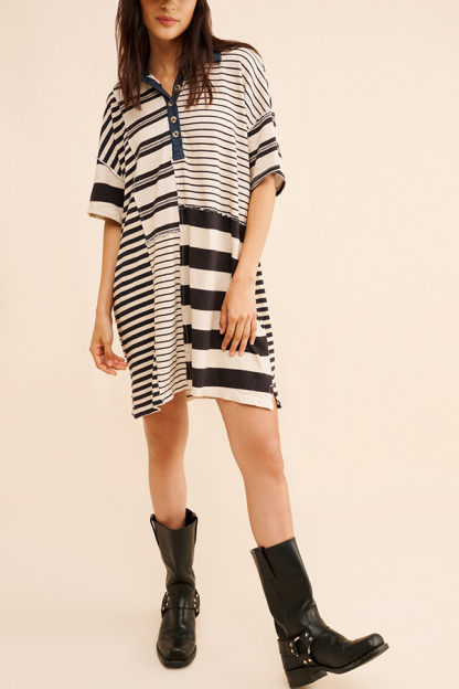 Contrast Striped Patchwork Denim Lapel Loose Casual Mini Dress-consonak