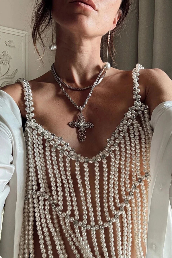 Fashionable Pearl Beaded Rhinestone Multi-layered Chest Necklace-consonak
