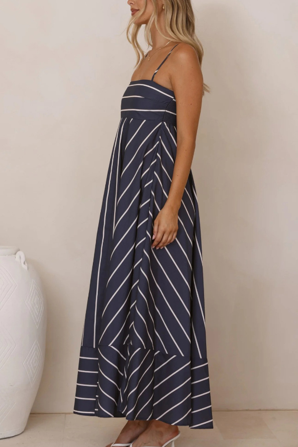 Striped Print Square Neck Spaghetti Strap High Waist Casual Maxi Dress-consonak