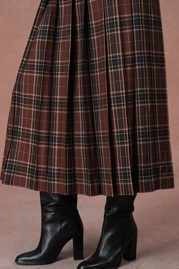 Yehudit Plaid Belt Buckle Design High Rise Pocket Midi Umbrella Skirt-consonak
