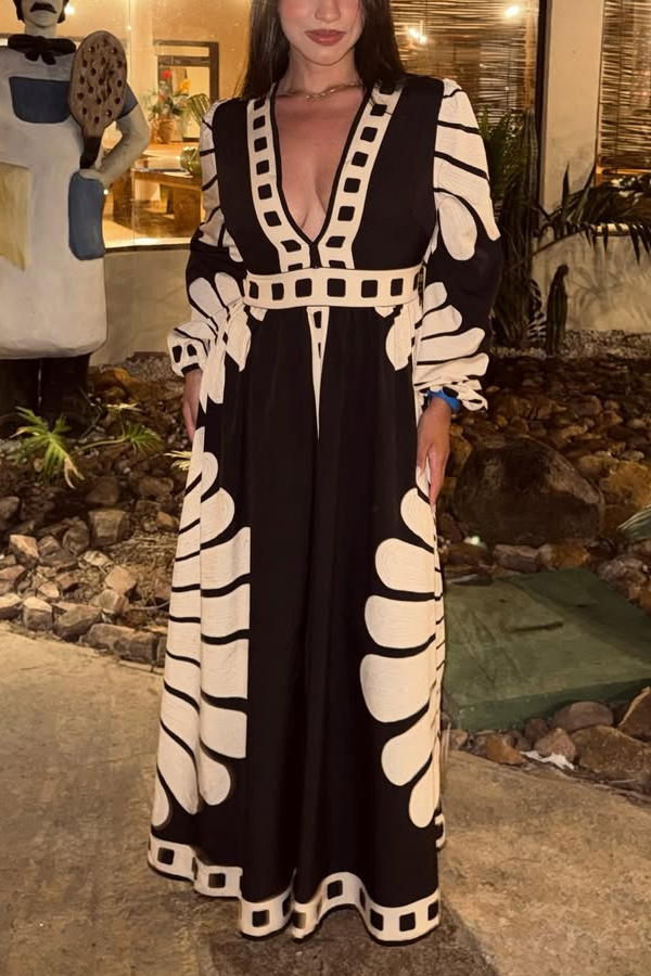 Unique Print V-Neck Long Sleeve Casual Vacation Maxi Dress