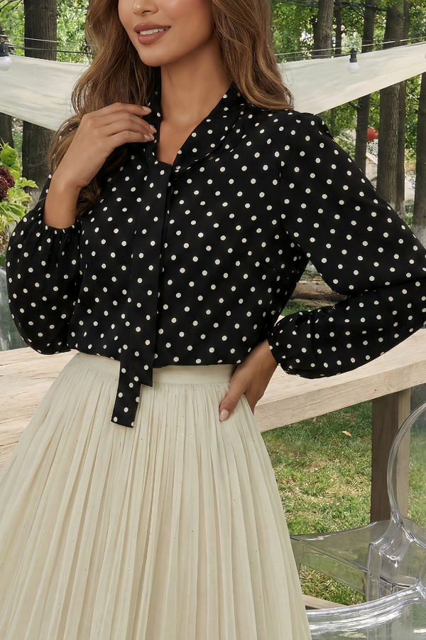 Polka Dot Print Tie-up Long-sleeved Loose Casual Shirt-consonak