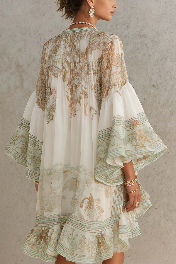 Mini Dress with Flared Sleeves and Printed Ruffles-Consonak