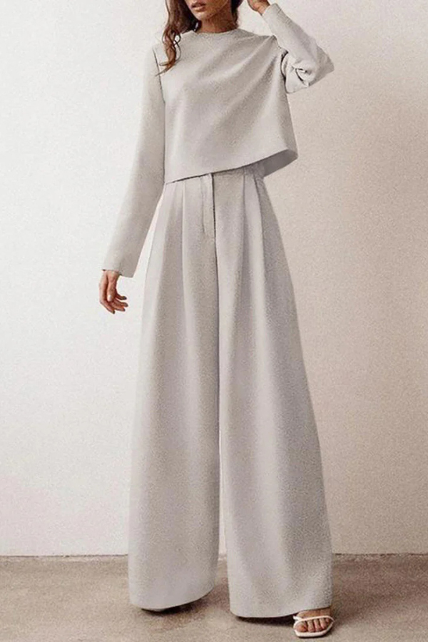 Solid Color Crew Neck Long-sleeved Cropped Top and Casual Pocket Wide-leg Pants Set