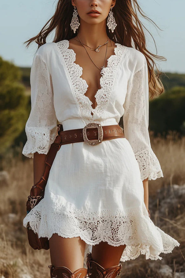 Solid Color V-neck Lace Trim Slim-fit Mini Dress-consonak