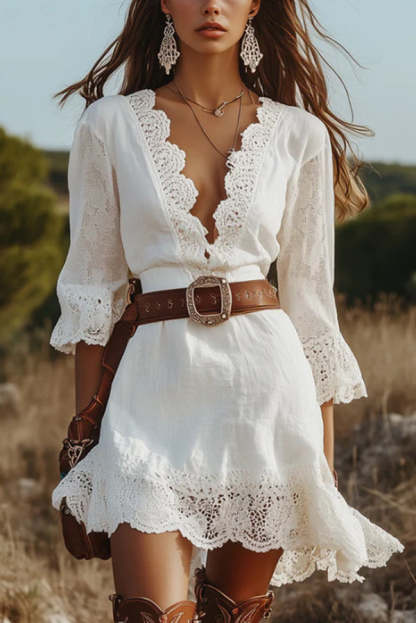 Solid Color V-neck Lace Trim Slim-fit Mini Dress-consonak