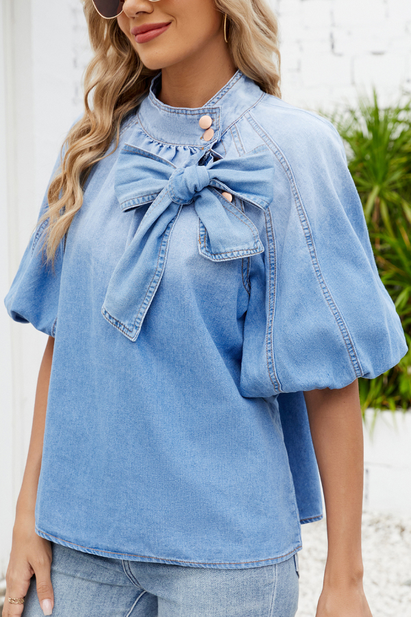 Fashionable Tie-up Bow Loose Lantern Sleeve Denim Top
