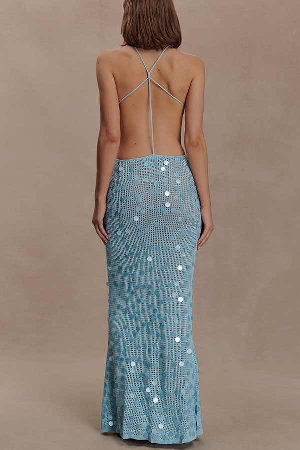 All Shimmer Knit Crochet Sequin Open Back Lace-up Vacation Maxi Dress-consonak