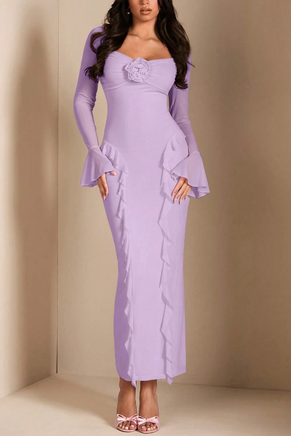 Solid Color Long-sleeved Ruffled Slim-fit Maxi Dress-consonak