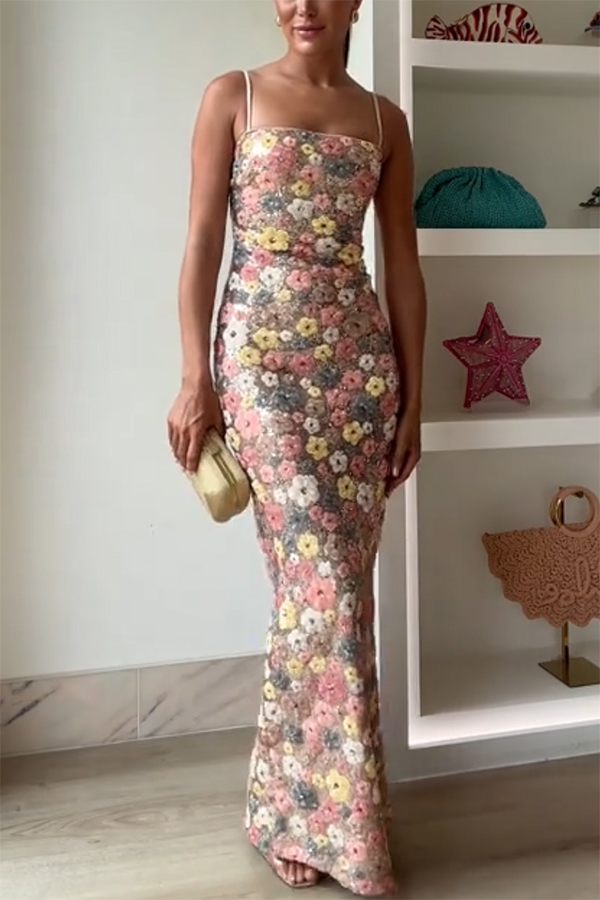 80's Inspired Floral Print Sequin Square Neck Slip Stretch Maxi Dress | Consonak