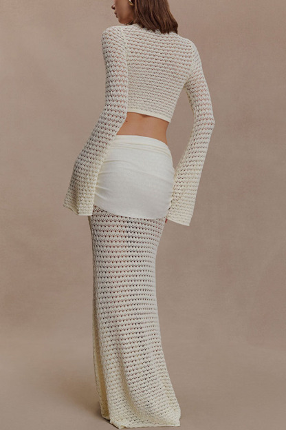 Mania Knit Hardware Detail Bell Sleeve Crop Top and Gathered Overlay Sash Stretch Maxi Skirt Set-consonak