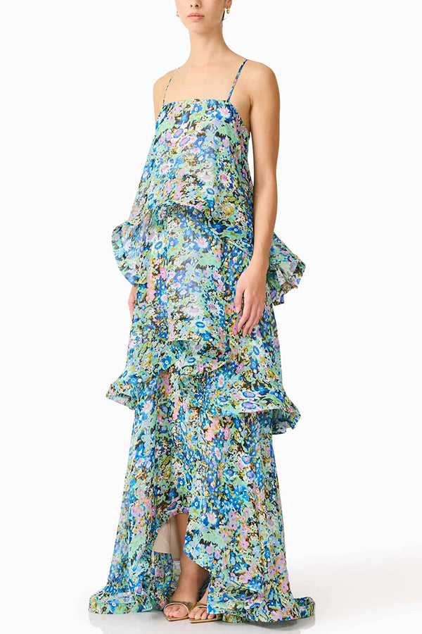 Armani Georgette Fabric Floral Print Tiered Slip Square Neck A-line Maxi Dress | Consonak