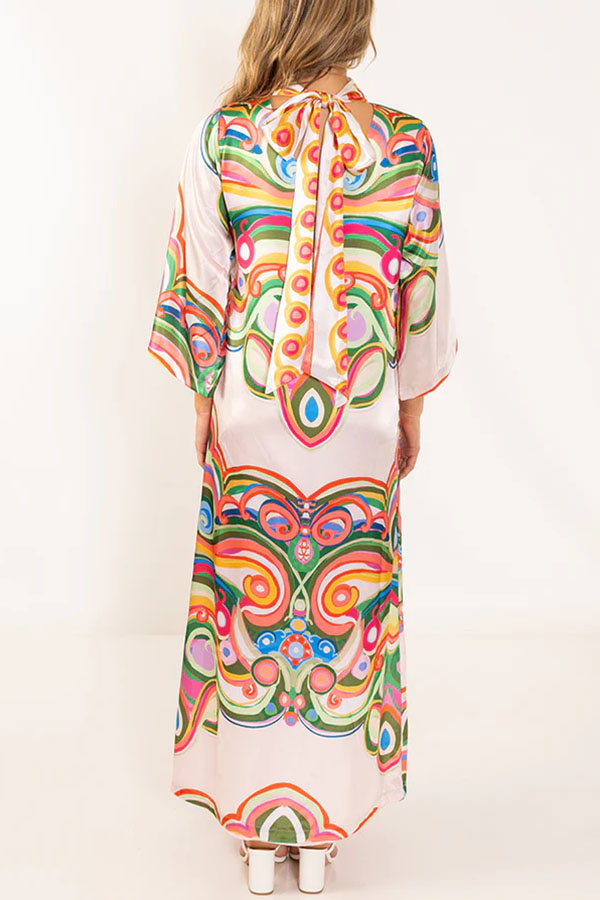 Venice Satin Colorful Baroque Style Print High Neck Tie-up Half Bell Sleeve Maxi Dress-consonak