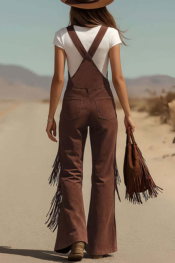 Stylish Suede Tassel Button Pocket Casual Wide-leg Overalls-consonak