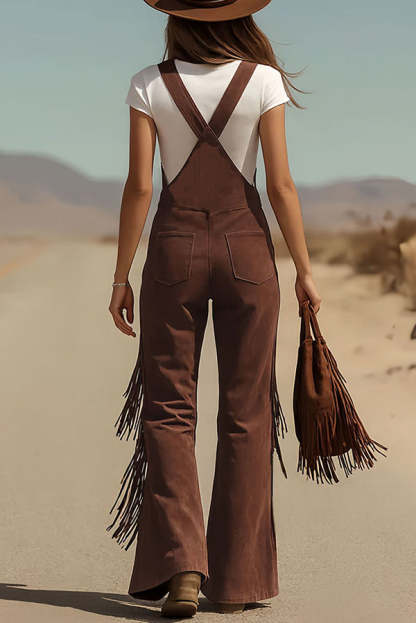 Stylish Suede Tassel Button Pocket Casual Wide-leg Overalls-consonak