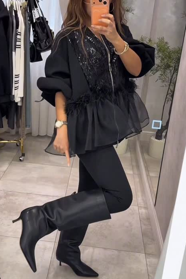 Fashionable Sequined Feather Patchwork Mesh Ruffled Hem Loose Zip-up Jacket-consonak
