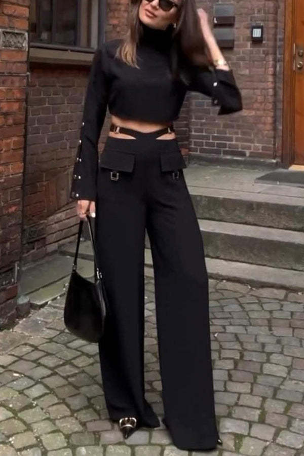 Leia High Neck Button Bell Sleeve Top and Cutout Waist Metal Pocketed Flare Pants Set-consonak