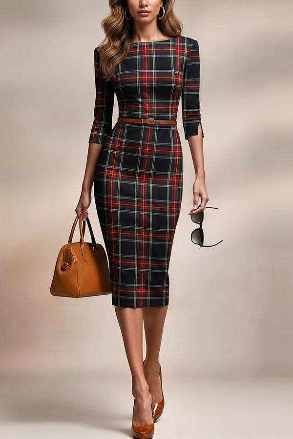Plaid Print Half Sleeves Fitted Elegant Midi Dress-consonak