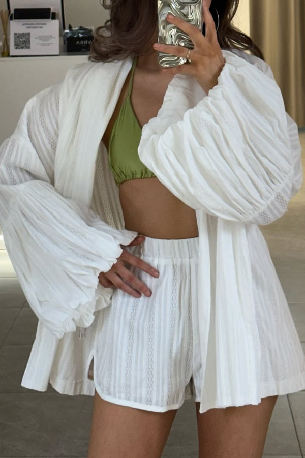 Solid Color Loose Long-sleeved Tie-front Top and Elastic Waist Casual Shorts Set-consonak