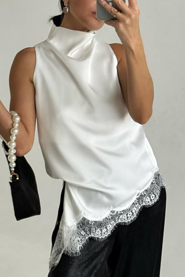 Solid Color Satin Spliced lace Sleeveless Irregular Casual Top