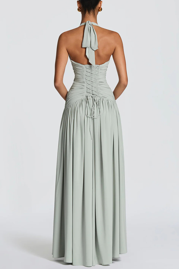 Amaris Halter Tie-up V-neck Ruched Detail Back Lace-up Slit Drape Maxi Dress-consonak