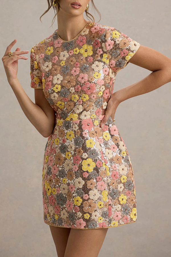 80's Inspired Floral Print Sequin Short Sleeve Stretch Mini Dress | Consonak