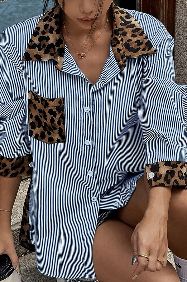 Stylish Striped Leopard Print Patchwork Loose Casual Long-sleeved Shirt-consonak