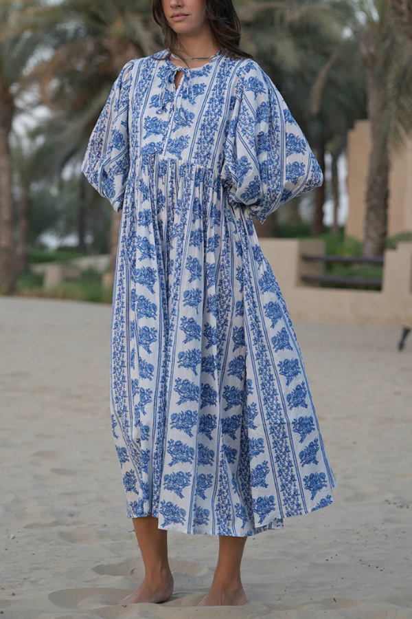 Botanical Print Loose-fitting Tie Casual Vacation Maxi Dress