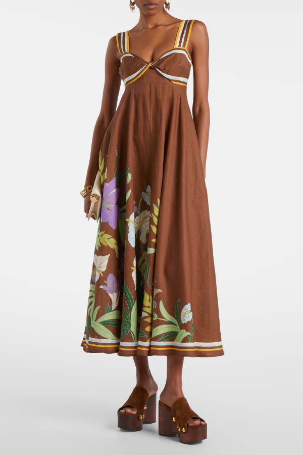 Brown Floral Linen Midi Dress | Consonak