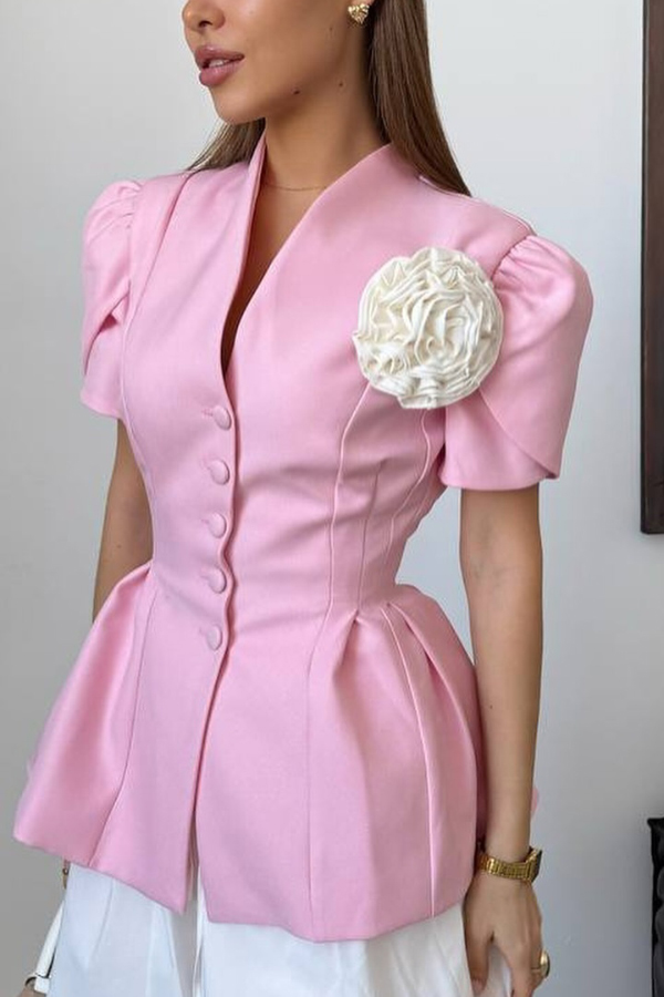 Stylish Floral-decorated V-neck Short-sleeved Button-down Blazer