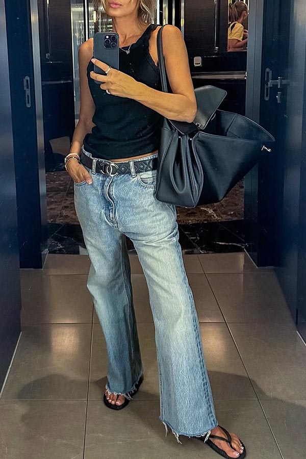 Vintage and Chic Denim Mid Rise Pocket Washed Hem Wide Leg Jeans-consonak