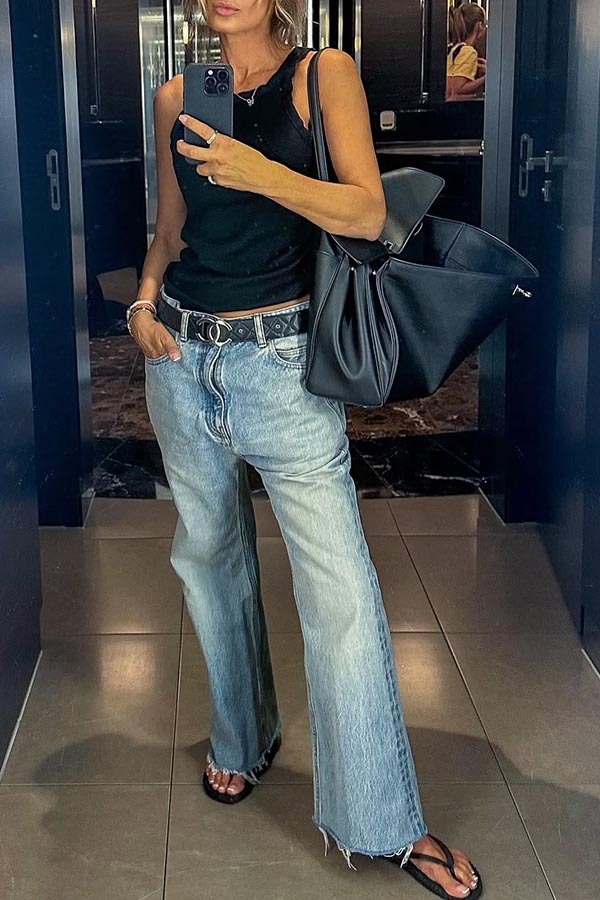 Vintage and Chic Denim Mid Rise Pocket Washed Hem Wide Leg Jeans-consonak