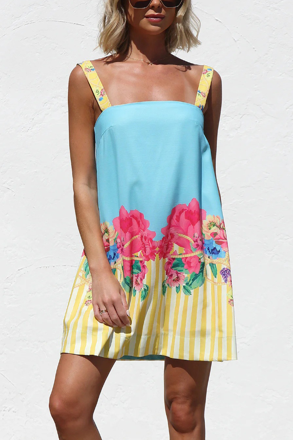 Floral Striped Print Square Neck Backless Loose Mini Dress