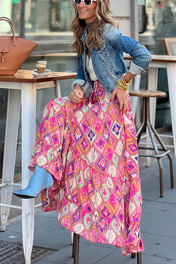 Audrina Bohemian Print Elastic Waist Tassel Maxi Skirt | Consonak