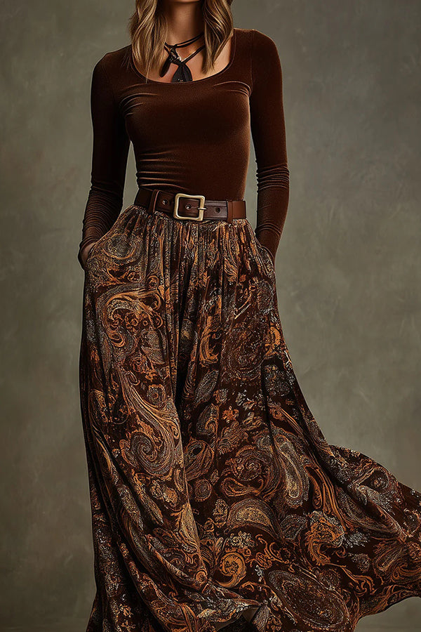 Stylish Velvet Long-sleeved Fitted Top and Unique Printed Casual Pocket Maxi Skirt Set-consonak