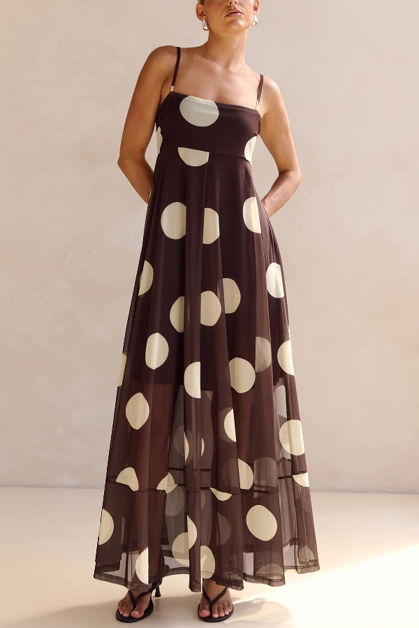 Polka Dot Print Mesh Spaghetti Strap Square Neck Vacation Maxi Dress | Consonak