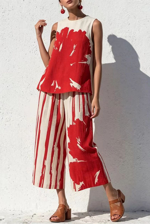 Abstract Brushstroke Sleeveless Tunic & Cropped Pant Set-Consonak