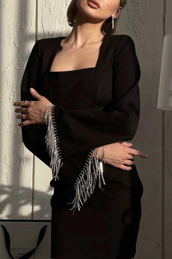 Fashionable Fringed Square Neck Bell Sleeves Hollow Back Mini Dress-consonak