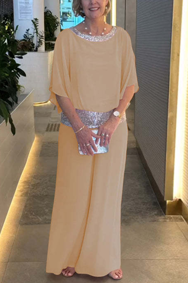 Stylish Sequin Patchwork Dolman Sleeve Top and Elastic Waist Wide Leg Pants Set-consonak