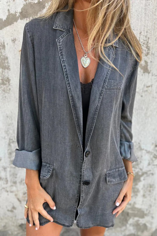 Fashionable Lapel Casual Loose Long Sleeve Denim Jacket-consonak