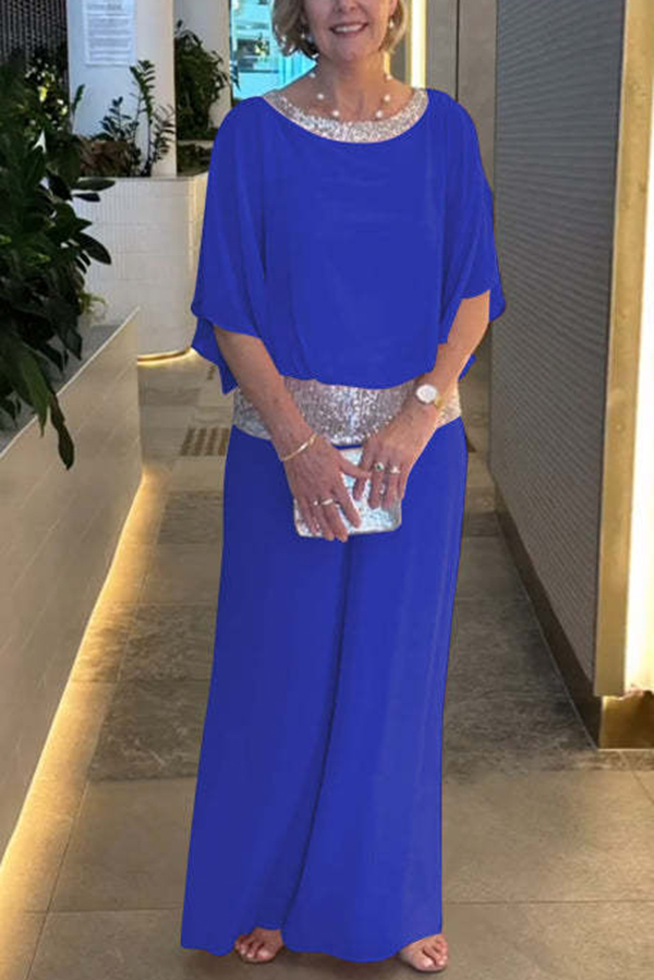 Stylish Sequin Patchwork Dolman Sleeve Top and Elastic Waist Wide Leg Pants Set-consonak