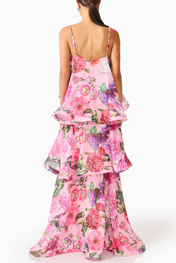 Armani Georgette Fabric Floral Print Tiered Slip Square Neck A-line Maxi Dress