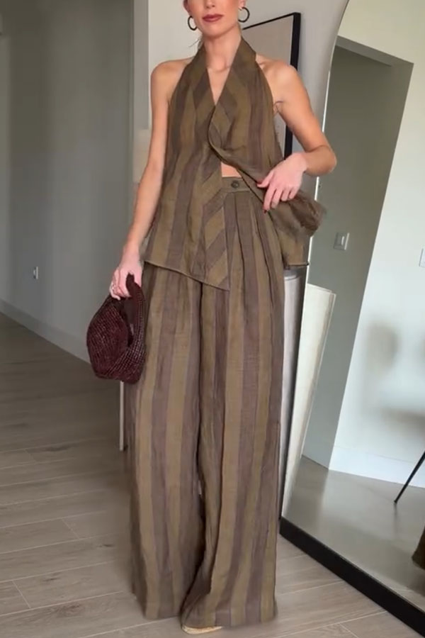 Aloof Style Striped Linen Blend Halter Vest and High Rise Button Pocket Wide Leg Pants Set | Consonak