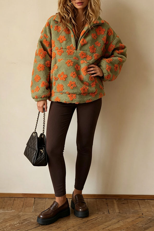Colorblock Floral Pattern Teddy Bear Fleece Material Long Sleeve Kangaroo Pocket Zipper Sweatshirt-Consonak