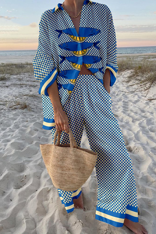 Unique Ocean Print Oversized Shirt and Elastic Waist Pocket Pants Set | Consonak